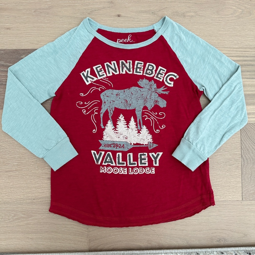 Peek Kids Red and Gray Moose Kennebec Valley Lodge Long Sleeve Tee size 6-7